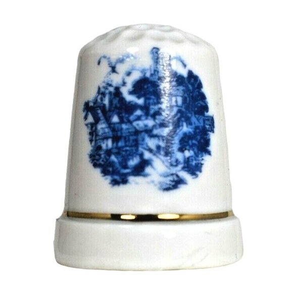 Vintage Other - Victorian Medieval Village Blue Background Souvenir Porcelain Thimble
